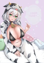 1girls 2021 bell bell_collar belly big_breasts bikini bikini_top breasts cleavage collar covered_nipples cow_print female female_focus female_only green_eyes hololive hololive_fantasy hololive_japan kuroakei_(pixiv5742644) looking_at_viewer mole mole_on_breast navel nipple_bulge shirogane_noel sitting sitting_on_bed solo solo_female virtual_youtuber