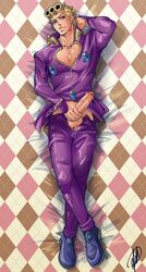 1boy bara cleavage_cutout clothing_cutout erection foreskin full_body giorno_giovanna hair_slicked_back jasdavi jojo's_bizarre_adventure lying male_focus male_only no_male_underwear on_back pants pectoral_cleavage pectorals penis_grab purple_pants solo thick_eyebrows toned toned_male uncensored vento_aureo