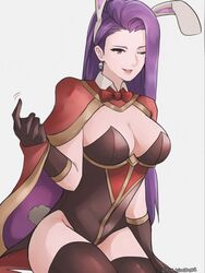 1girls absurdres alternate_costume animal_ears beckoning black_gloves black_legwear breasts bunny_ears bunny_girl bunnysuit cape cleavage come_hither earrings fake_animal_ears fake_tail female fire_emblem fire_emblem_echoes:_shadows_of_valentia fire_emblem_heroes gloves grey_background highres jewelry long_hair medium_breasts nintendo one_eye_closed playboy_bunny purple_hair rabbit_ears rabbit_tail seductive simple_background solo sonya_(fire_emblem) tail thighhighs tommietomm tommy_(kingdukeee) twitter_username