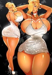 1girls ass ass_visible_through_thighs babie_fluff big_ass big_breasts big_butt bimbo bimbo_lips blonde_hair breasts breasts_bigger_than_head bulging_breasts choker daphne_(babie_fluff) dress dress_straps earrings female female_focus female_only glitter hair hair_bun hair_ornament hair_over_one_eye hairband hands_behind_head high_heels narrow_waist one_piece_dress open_mouth platform_heels sequin_dress short_dress solo solo_female solo_focus stiletto_heels tan-skinned_female tan_skin tanned_female thick_lips thick_thighs thighs very_high_heels very_short_skirt voluptuous wavy_hair wristband