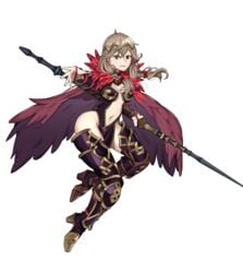 absurdres alternate_costume armor armored_boots armored_dress boots braid breasts brown_eyes cape circlet cleavage clothing_cutout ebinku eyebrows_visible_through_hair faye_(fire_emblem) feathers female fire_emblem fire_emblem_echoes:_shadows_of_valentia full_body happy_female harrier_(fire_emblem) high_heel_boots high_heels highres light_brown_hair looking_at_viewer medium_breasts medium_hair navel navel_cutout nintendo outstretched_hand pelvic_curtain polearm purple_legwear sidelocks simple_background smile solo thigh_boots thighhighs thighs twin_braids weapon white_background