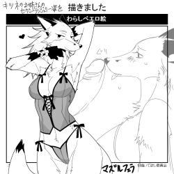 2013 anthro bare_shoulders bikini biped breasts canid canine cheek_tuft claws cleavage closed_smile clothed clothing digital_media_(artwork) dipstick_tail facial_tuft female finger_claws fox fur genitals gloves_(marking) hand_behind_head heart humanoid_genitalia humanoid_penis japanese_text kazuhiro kemono legs_together lingerie mammal markings medium_breasts monochrome mouth_closed panties penis portrait raised_arm side-tie_bikini smile snout swimwear tail_markings text three-quarter_portrait tongue tongue_out translation_request tuft underwear