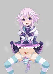 anal_beads blush bodysuit bodysuit_under_clothes censored choker commentary_request corruption d-pad d-pad_hair_ornament dildo dress eyebrows_visible_through_hair female gozaru hair_between_eyes hair_ornament highres kami_jigen_game_neptune_v looking_at_viewer medium_hair mind_control neptune_(neptunia) neptunia_(series) open_mouth purple_dress purple_eyes purple_hair sex_toy short_sleeves sidelocks simple_background solo spread_legs vest