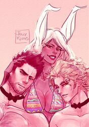 1girls 2boys animal_ears assertive big_breasts bowtie breasts bunny_ears bunny_girl cleavage dark-skinned_female dark_skin endeavor_(my_hero_academia) enji_todoroki eyeliner female hand_in_hair hawks_(my_hero_academia) head_on_breasts jolly_kings keigo_takami male miruko mmf_threesome my_hero_academia rabbit_ears rumi_usagiyama sandwiched sensual shounen_jump suggestive tagme threesome