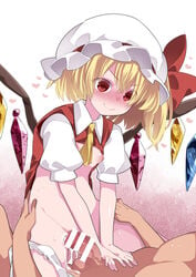 1boy after_sex ascot bar_censor blonde_hair blush breasts censored closed_mouth cowgirl_position cowgirl_position crystal female flandre_scarlet hammer_(sunset_beach) hat mob_cap nipples panties panties_around_one_leg penis red_eyes short_hair side_ponytail small_breasts smile solo_focus straddling straight touhou underwear white_headwear white_panties wings yellow_ascot