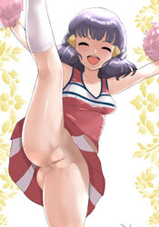 :d bangs black_hair breasts cheerleader closed_eyes commentary_request covered_nipples dawn_(pokemon) eyelashes female hair_ornament hairclip highres kneehighs kneepits leg_up long_hair makoto_daikichi open_mouth outstretched_arms pleated_skirt pokemon pokemon_(anime) pokemon_dppt_(anime) pom_pom_(cheerleading) pussy red_shirt red_skirt shiny shiny_hair shiny_skin shirt skirt smile socks solo teeth tongue upper_teeth white_legwear