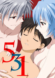 1girls 2boys breasts kaworu_nagisa large_breasts neon_genesis_evangelion nude rei_ayanami shinji_ikari sleeping smile