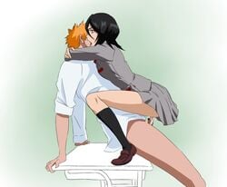 black_socks bleach brown_loafers censored classroom female ichigo_kurosaki knee_socks kneehighs kneesocks kuchiki_rukia loafers male mosaic_censoring mr_trace_mosha orange_hair school_uniform sex socks