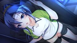 1boy bangs bike_shorts black_jacket black_pants black_shorts blue_eyes blue_hair censored clothes_pull collarbone collared_shirt dutch_angle female game_cg green_shirt hair_between_eyes hair_ornament hair_scrunchie hirosaki_rinko indoors jacket long_hair looking_at_viewer mosaic_censoring official_art open_mouth pants penis ponytail saxasa_kisuk scrunchie shiny shiny_hair shirt short_shorts short_sleeves shorts shorts_pull sportswear sweatdrop tsukue_otome. two-tone_shirt white_shirt wing_collar yellow_scrunchie