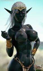 1girls 3d 5:8 abs alia_d'vir_(gazukull) arm_on_hip artist_name beach bikini black_body black_skin bracelets close-up depth_of_field drow elf_ears fantasy female female_focus female_only gazukull glowing_eyes gold_bracelets gold_jewelry grey_hair jewelry one_arm_up orange_eyes outdoor outdoor_nudity outdoors outside pointy_ears public_topless red_eyes red_eyes_female shiny_skin short_hair_female slushe_(website) solo solo_female solo_focus standing topless very_dark_skin white_hair