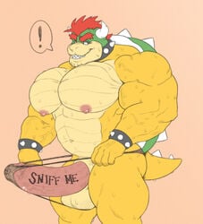 1boy balls bara big_balls big_pecs big_penis boner bowser erection erection_pushing_underwear gay male male_only mario_(series) muscles muscular nipples penis simple_background solo standing sweaty testicles text text_on_body thong tuhmayto underwear