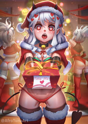 3girls afrotuna ass bra christmas clothing female helltaker high_resolution horns judgement_(helltaker) leotard lucifer_(helltaker) modeus_(helltaker) multiple_girls panties pantsu pointed_ears red_panties side-tie_panties string_panties tail thighhighs thong underwear very_high_resolution