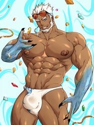 1boy aegir_(tokyo_afterschool_summoners) balls bara beard biceps big_muscles big_pecs blue_eyes brown_nipples buff bulge busty dark-skinned_male dark_skin dilf erect_nipples facial_hair huge_muscles huge_pecs human human_only male male_boobs male_chest male_focus male_nipples male_only manboobs manly mature mature_male moobs muscles muscular nipples pecs pectorals penis six_pack solo solo_focus solo_male tokyo_afterschool_summoners underwear underwear_only white_hair white_underwear