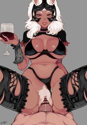 alcohol animal_ears assertive_female bar_censor bikini bikini_aside bracer breasts breasts_apart censored choker clothing_aside cowgirl_position cup dark-skinned_female dark_skin drinking_glass ears_through_headwear female female_pubic_hair final_fantasy final_fantasy_xii fingernails fran grey_background hand_up helmet highleg highleg_bikini highres holding holding_cup large_breasts lips long_fingernails long_hair looking_at_viewer navel orange_eyes parted_lips penis pov pubic_hair rabbit_ears revealing_clothes reward_available sex simple_background smile solo_focus spookiarts spread_legs stomach straddling swimsuit thighhighs vaginal_penetration viera white_legwear white_pubic_hair wine wine_glass