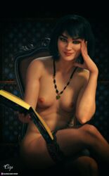 1girls 3d black_hair book cr1sp cute dagmar_(cr1sp) depth_of_field female female_only holding_book looking_at_viewer necklace nude nude_female pinup seated short_hair sitting slushe_(website) small_breasts smile smirk solo solo_female thick_eyebrows thighhighs