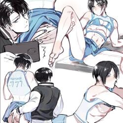 2boys attack_on_titan black_hair bulge cellphone cheerleader cheerleader_uniform crossdressing eren_jaeger gay groping groping_ass height_difference iphone jock letterman_jacket levi_ackerman male male_only saltyfrites selfie shingeki_no_kyojin spread_legs tagme yaoi