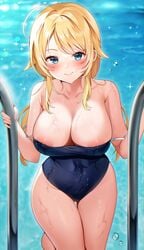 1girls blonde_hair blue_eyes breasts competition_swimsuit curvy female female_only hachimiya_meguru idolmaster idolmaster_shiny_colors large_breasts long_hair long_legs looking_at_viewer nipple_slip nipples off_shoulder one-piece_swimsuit poolside reel_(riru) school_swimsuit solo wardrobe_malfunction wet_clothes