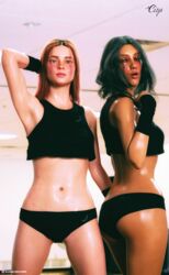 2girls 3d bare_midriff black_hair blush clothed clothing cr1sp dark-skinned_female dark_skin female female_only front_view gym indoors long_hair looking_at_viewer medium_hair mia_(cr1sp) multiple_girls navel orange_hair pinup red_hair shiny_skin side_view slava_(cr1sp) slushe_(website) small_breasts sweat viewed_from_below wet wet_skin