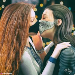 2girls 3d black_hair bracelet capitalism clothed clothing cr1sp depth_of_field female female_only kissing kissing_through_mask long_hair mask multiple_girls orange_hair pinup red_hair shirt side_view slushe_(website) tagme yuri