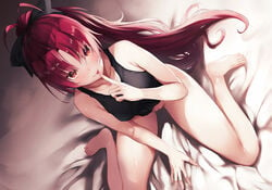 :p bangs bed_sheet black_bow black_tank_top blush bottomless bow collarbone commentary_request eyebrows_visible_through_hair female hairbow highres indoors long_hair looking_at_viewer mahou_shoujo_madoka_magica no_panties ponytail puru_(ex-150) pussy pussy_juice red_eyes red_hair sakura_kyouko sitting solo tank_top tongue tongue_out wariza