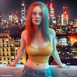 1girls 3d city_background clothed clothing cr1sp depth_of_field female female_only front_view jeans katja_(cr1sp) large_breasts leaning leaning_on_rail lipstick long_hair looking_at_viewer navel_piercing night nipple_bulge nipples_visible_through_clothing orange_hair outdoor outdoors outside pinup red_hair slushe_(website) solo solo_female standing