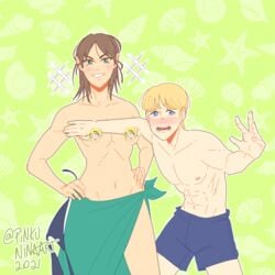 1boy 1boy1girl 1girls abs armin_arlert attack_on_titan blonde_hair blush breasts censored censored_breasts embarrassed eren_jaeger hands_on_hips hetero medium_breasts pinkunina proud rule_63 shingeki_no_kyojin straight swim_trunks swimsuit taller_girl topless towel_around_waist