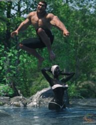 1boy 1boy1girl 1girls 3d black_body black_skin drow elf elf_ears female gazukull glowing_eyes huge_breasts male male_human/female_elf outdoor outdoors outside pointy_ears slushe_(website) standing_in_water tagme water white_hair