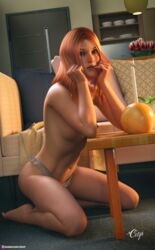 1girls 3d blush cr1sp cute female female_only hester_(cr1sp) indoors long_hair looking_at_viewer medium_breasts on_knees orange_hair panties pinup red_hair slushe_(website) solo solo_focus topless white_panties