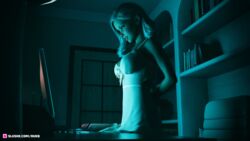 1futa 1girls 3d breasts computer female futa_only futanari indoors intersex large_breasts night oukb side_view slushe_(website) solo solo_futa standing tagme