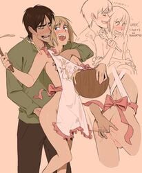 2boys anal_fingering apron apron_only armin_arlert attack_on_titan blonde_hair blush bow cooking crossdressing dialogue domestic_living eren_jaeger femboy fingering gay girly height_difference lacryboy male male/male male_only maledom malesub melanpsycholia shingeki_no_kyojin yaoi