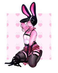 animal_mask belt belts bunny_ears clothed femboy femboy_focus fingerless_elbow_gloves fingerless_gloves garter_belt garter_straps gimp_mask gloves harness lingerie male male_only multiple_belts pink_skin pinup thighhighs