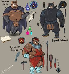 2021 anthro balls belly book clothed clothing flaccid genitals group humanoid_genitalia humanoid_hands humanoid_penis magic male mammal moobs musclegut navel ninja nipples overweight overweight_male penis pure_command simple_background small_penis suid suina sus_(pig) warrior weapon wild_boar