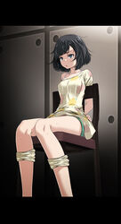 arms_behind_back bare_legs black_eyes black_hair bondage bound bound_arms bound_legs bra_slip bra_strap collarbone creatures_(company) empty_eyes female game_freak green_shorts grey_eyes highres indoors medium_hair messy_hair nintendo off-shoulder_shirt off_shoulder open_mouth pokemon pokemon_(game) pokemon_sm print_shirt restrained room selene_(pokemon) shiny shiny_hair shirt short_shorts shorts sitting solo sweat sweatdrop tsukishiro_saika yellow_shirt