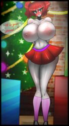 baby baby_(fnafsl) christmas circus_baby circus_baby_(fnaf) dialogue english_text exposed_breasts five_nights_at_freddy's five_nights_at_freddy's:_sister_location five_nights_in_anime flophit gift huge_breasts kneehighs legwear looking_at_viewer red_hair short_dress sneakers solo text topless