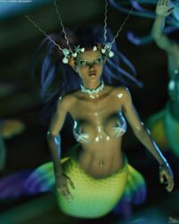 3d 3girls abs elf_ears female female_only gazukull large_breasts mermaid multiple_girls pinup pointy_ears sharp_teeth slushe_(website) tagme underwater