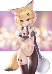 animal_ear_fluff animal_ears arknights bangs black_gloves black_legwear black_necktie blonde_hair blush breasts commentary_request ehart eyebrows_visible_through_hair female female fox_ears fox_girl fox_tail gauntlets gloves gluteal_fold hair_between_eyes hair_ornament hairclip holding holding_tray maebari meme_attire navel necktie parted_lips puffy_short_sleeves puffy_sleeves red_eyes reverse_bunnysuit reverse_outfit scar short_necktie short_sleeves single_gauntlet small_breasts solo standing tail thigh_gap tray vermeil_(arknights)