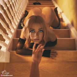 1girls 3d blonde_hair blue_eyes cr1sp female female_focus female_only freckled_skin freckles freckles_on_face indoors kneehighs looking_at_viewer nude nude_female pinup pov slushe_(website) solo solo_female solo_focus stairs tagme thick_eyebrows viewed_from_above