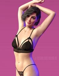 1girls 3d arms_up beazel3d black_hair cute female female_only lingerie looking_at_viewer pinup short_hair simple_background slushe_(website) small_breasts solid_color_background solo solo_female standing