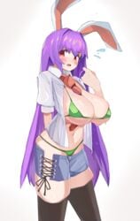 animal_ears between_breasts bikini black_legwear breasts bunny_ears bursting_breasts contrapposto cowboy_shot cross-laced_clothes female flying_sweatdrops green_bikini highres large_breasts long_hair looking_to_the_side necktie necktie_between_breasts purple_hair rabbit_ears red_eyes red_necktie reisen_udongein_inaba semotaretare simple_background solo standing swimsuit thighhighs touhou very_long_hair white_background