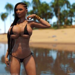 3d beach bikini dark-skinned_female dark_skin earrings gazukull glowing_eyes hoop_earrings huge_breasts jessenia_(gazukull) long_hair navel_piercing outdoor outdoors outside slushe_(website) standing tan tan_skin vampire