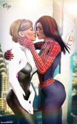 2girls 3d blonde_hair blush bodysuit brown_hair city_background cr1sp depth_of_field embrace fanart female female_only fit fit_female gwen_stacy huge_ass human human_only imminent_kiss kissing light-skinned_female light_skin long_hair marvel marvel_comics mary_jane_watson multiple_girls pinup short_hair side_view slushe_(website) small_breasts spider-gwen spider-man_(cosplay) spider-man_(series) standing superheroine tagme yuri