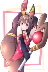 1girls breasts brown_hair bunny_ears bunnysuit cameltoe eye_contact female high_heels hotvr kono_subarashii_sekai_ni_shukufuku_wo! leg_hold leg_up leotard looking_at_viewer megumin pantyhose red_eyes small_breasts standing_on_one_leg thick_thighs thighs