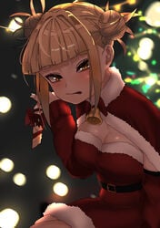 1girls alternate_costume bangs bell blonde_hair blunt_bangs blush breasts candy candy_cane capelet christmas cleavage detached_sleeves double_bun dutch_angle eyebrows_visible_through_hair food fur-trimmed_capelet fur_trim highres himiko_toga holding holding_candy holding_candy_cane looking_at_viewer medium_breasts my_hero_academia neck_bell sitting solo tongue tongue_out yellow_eyes zd_(pixiv6210083)