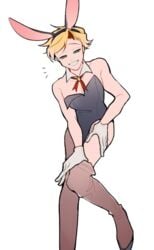 1boy blonde_hair bunny_ears bunnysuit clothing cookie_run crossdressing green_eyes high_heels male male_only pov smiling_at_viewer solo sparkling_cookie stockings undressing