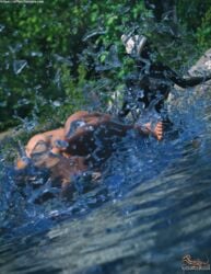 1boy 1boy1girl 1girls 3d black_body black_skin drow elf elf_ears female gazukull glowing_eyes huge_breasts male male_human/female_elf nude nude_female outdoor outdoor_nudity outdoors outside pointy_ears slushe_(website) standing_in_water tagme water white_hair