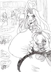 2d 3girls alternate_breast_size black_and_white dialogue djeeta_(granblue_fantasy) english_text female frametrap gigantic_breasts granblue_fantasy huge_breasts hyper hyper_breasts kolulu_(granblue_fantasy) lyria_(granblue_fantasy) shortstack traditional_media_(artwork)