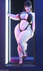 1girls 3d breasts brown_eyes brown_hair chubby cute earrings female female_only high_heels huge_breasts jiji_(siliconaya) lipstick looking_at_viewer mirror necklace nipples_visible_through_clothing one-piece_swimsuit original pinup plump red_lipstick reflection siliconaya slushe_(website) smile solo standing wide_hips