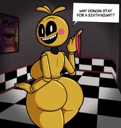 1girls 2021 4_fingers alternate_version_available animal_humanoid animatronic ass background badguynek big_ass big_breasts black_sclera completely_nude completely_nude_female cute dialogue female female_only five_nights_at_freddy's holding_panties looking_at_viewer looking_back naked naked_female nude nude_female panties panties_around_finger pink_panties sharp_teeth sideboob smile solo solo_female tagme toy_chica_(fnaf) video_games white_pupils yellow_body