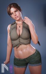 1girls 3d abs brown_hair clothed clothing fanart female female_only lara_croft lara_croft_(survivor) large_breasts necklace nsf pinup ponytail simple_background slushe_(website) solid_color_background solo solo_female standing tomb_raider wide_hips