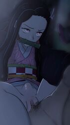 1boy 1girls 2d 2d_(artwork) aged_up balls_deep belly_bulge black_hair bulge clitoral_hood clitoris demon_slayer faceless_male female female_focus gag greatm8 hair_ribbon haori inosuke_hashibira kamado_nezuko kimetsu_no_yaiba kimono long_hair looking_at_another male male_pubic_hair no_panties obi penetration penis pink_eyes pubic_hair sex slayerm8 slit_pupils small_breasts stomach_bulge sweat uncensored vaginal_penetration vaginal_sex